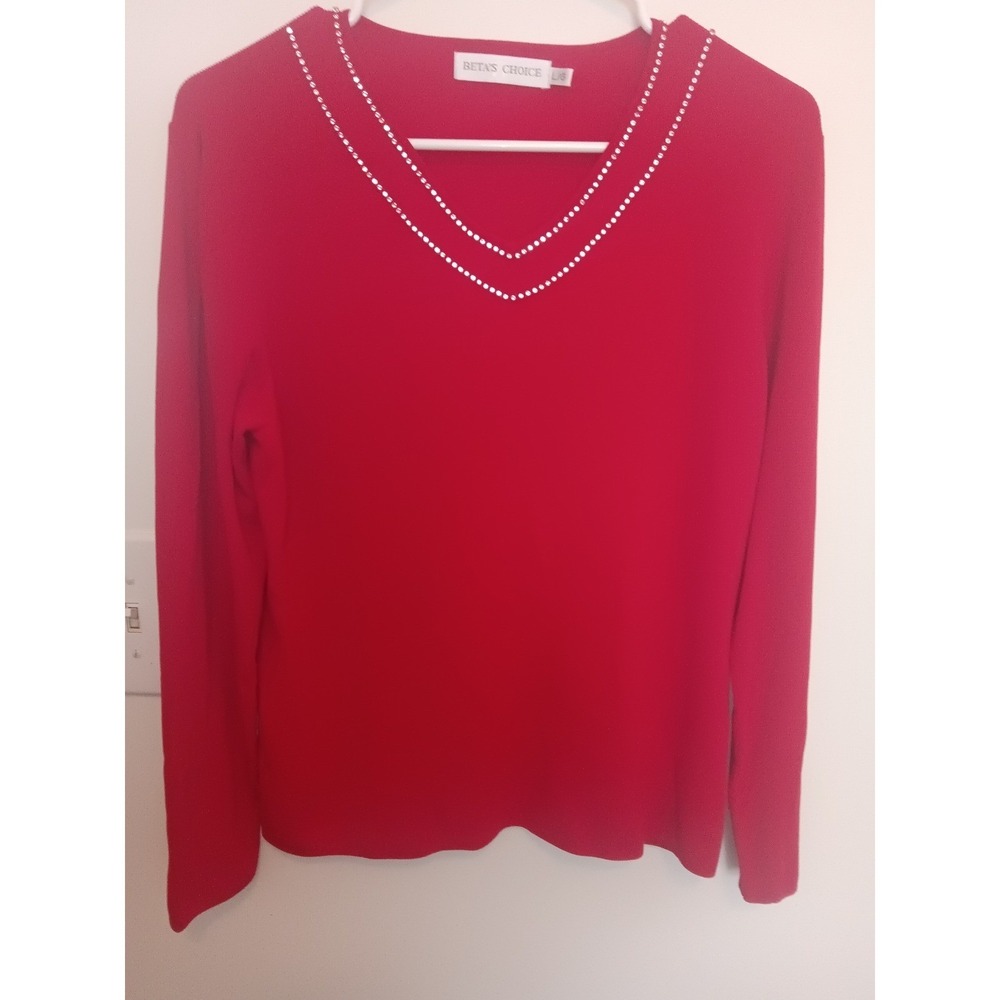 Betas Choice Red Rhinestone V Neck Long Sleeve Sweater Top Womens Large